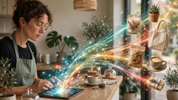 Small business owner using the Gemini business hub on a tablet as her products and brand flow into connected apps