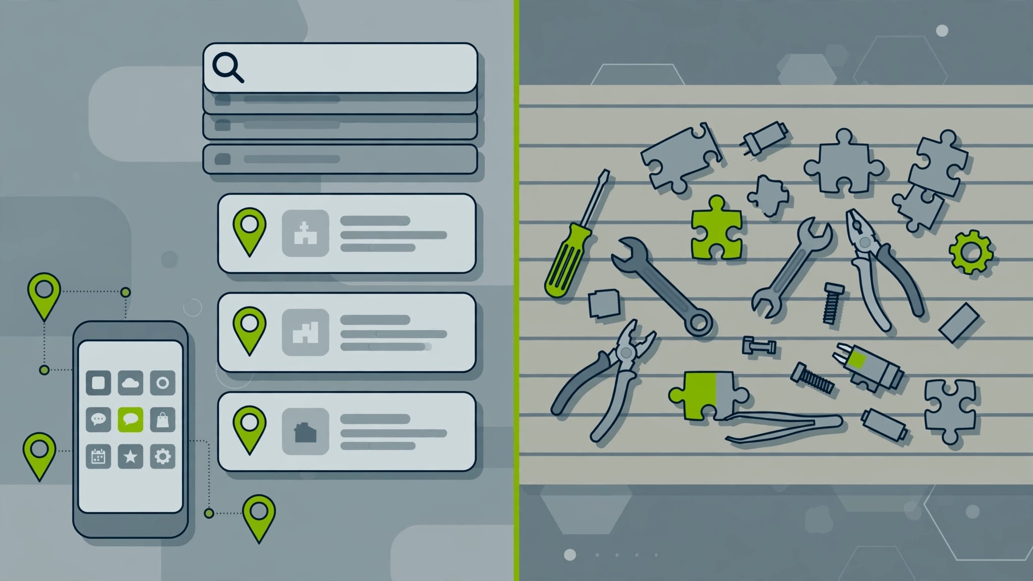 Illustration comparing Gemini's Google ecosystem on one side with ChatGPT's add-on tools workbench on the other