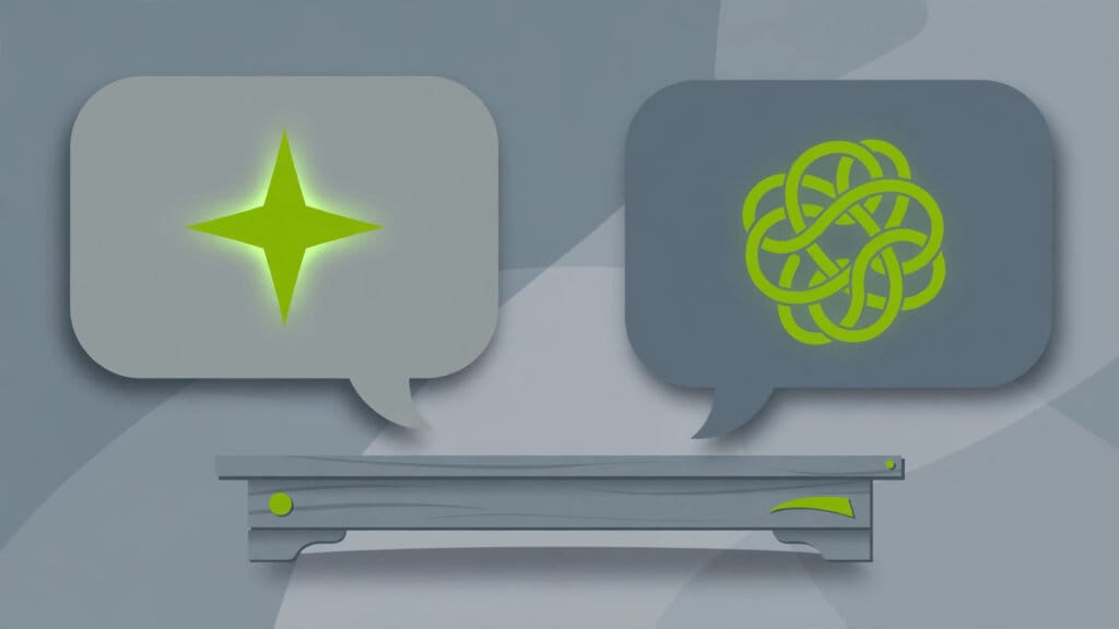 Illustration of two rival chat bubbles facing off, one with Google Gemini's star and one with ChatGPT's swirl