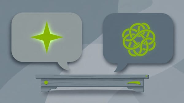 Illustration of two rival chat bubbles facing off, one with Google Gemini's star and one with ChatGPT's swirl