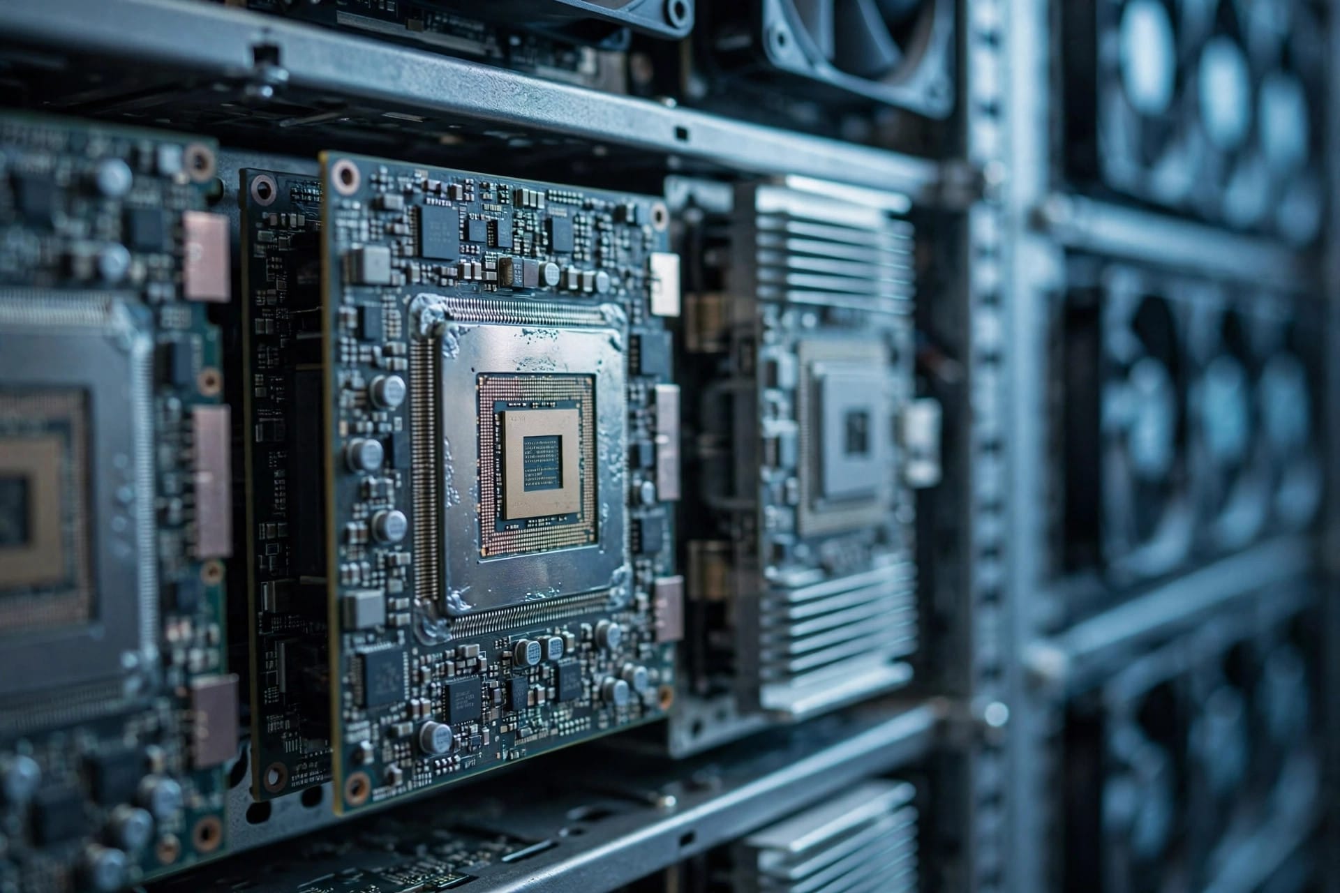 Close-up of accelerator chips mounted in a server rack for General Compute's non-Nvidia inference cloud