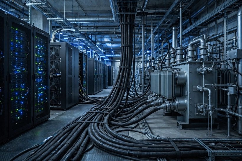 Server racks beside power cables in a data facility