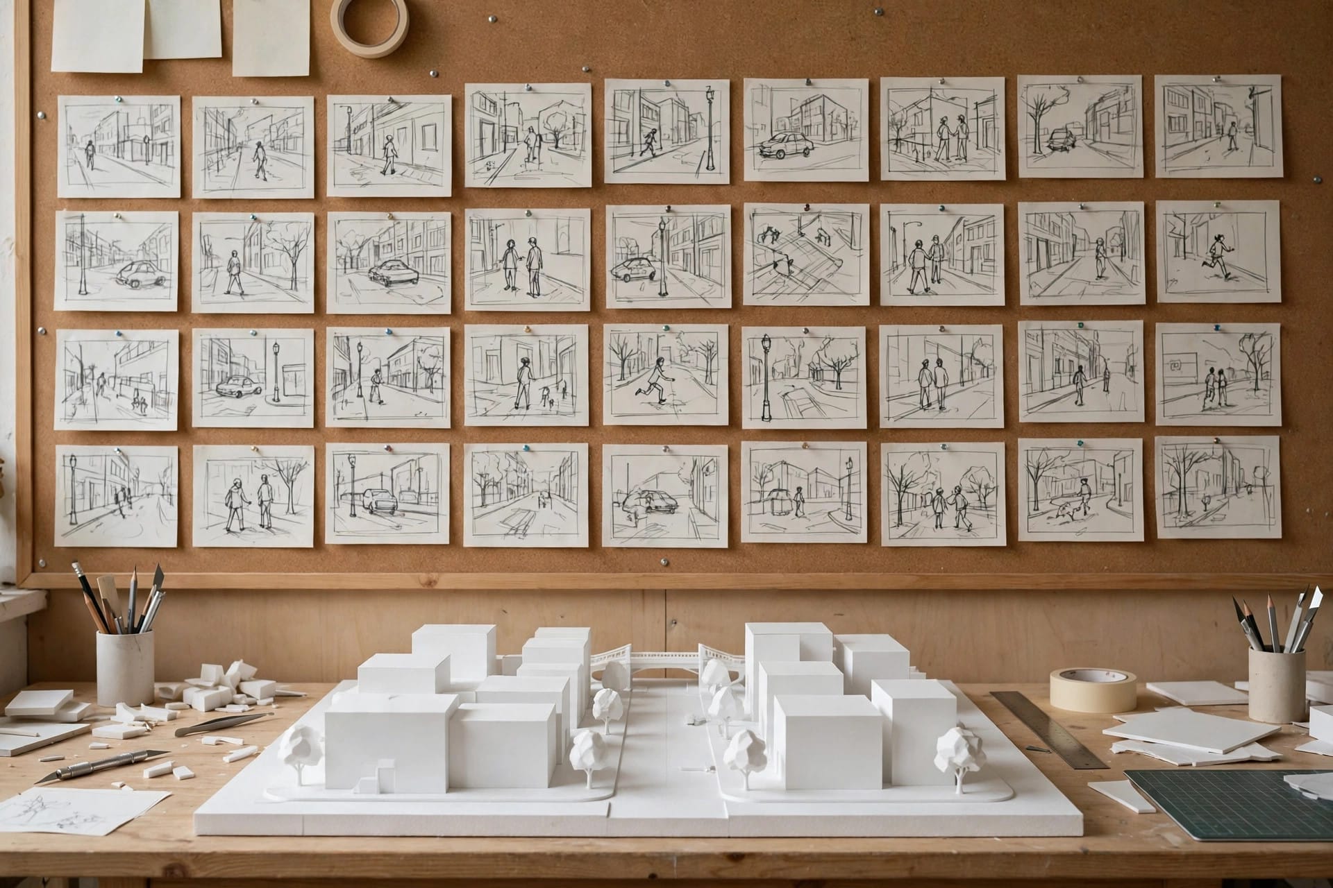 Storyboard sketches pinned on a wall above a white 3D blockout model of a street scene