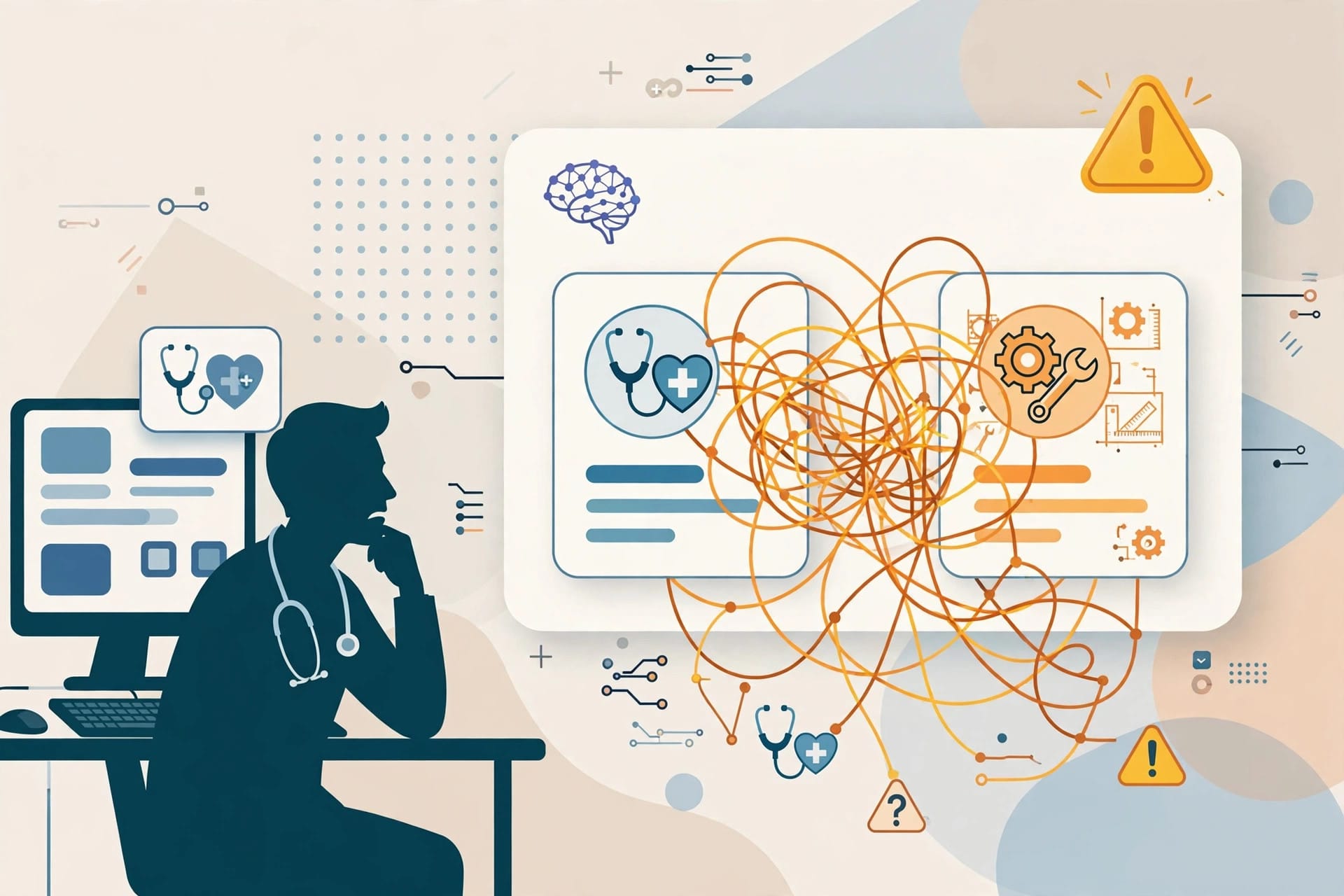 Doctor at a computer looking at tangled AI profile cards that mixed two people, representing the Aachen AI Mode misattribution case