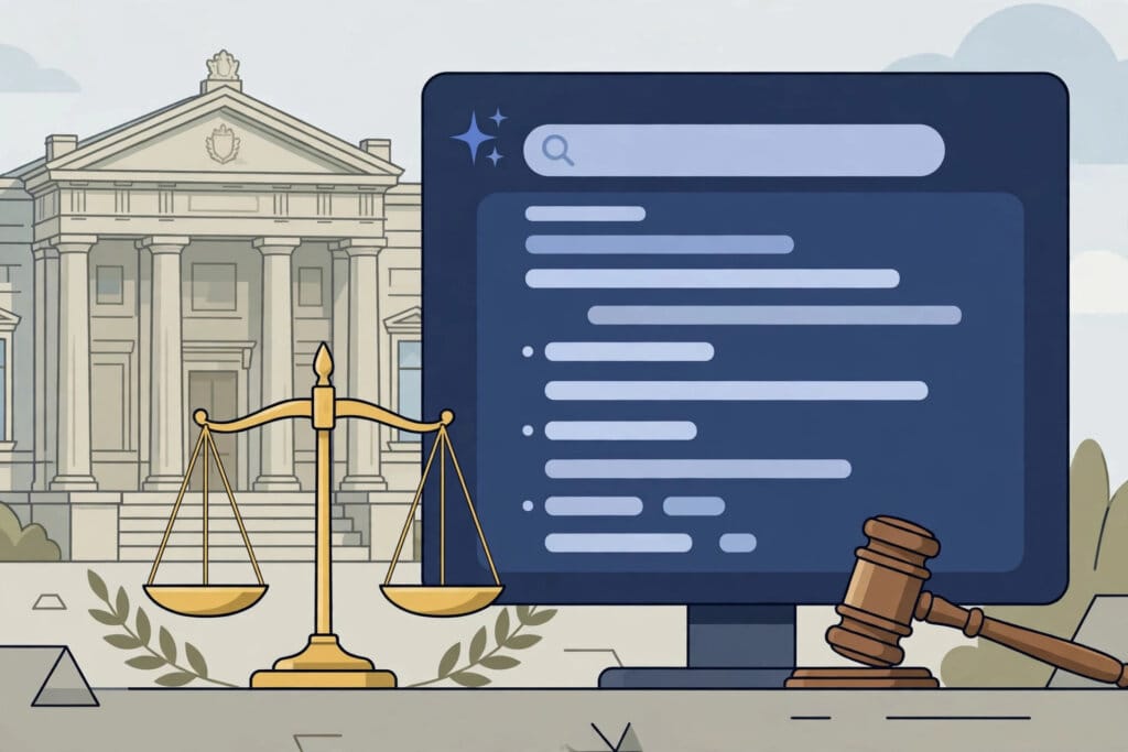 German courthouse with scales of justice and a gavel in front of a Google AI search answer panel, representing court liability for AI answers
