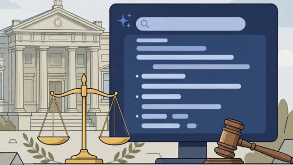German courthouse with scales of justice and a gavel in front of a Google AI search answer panel, representing court liability for AI answers