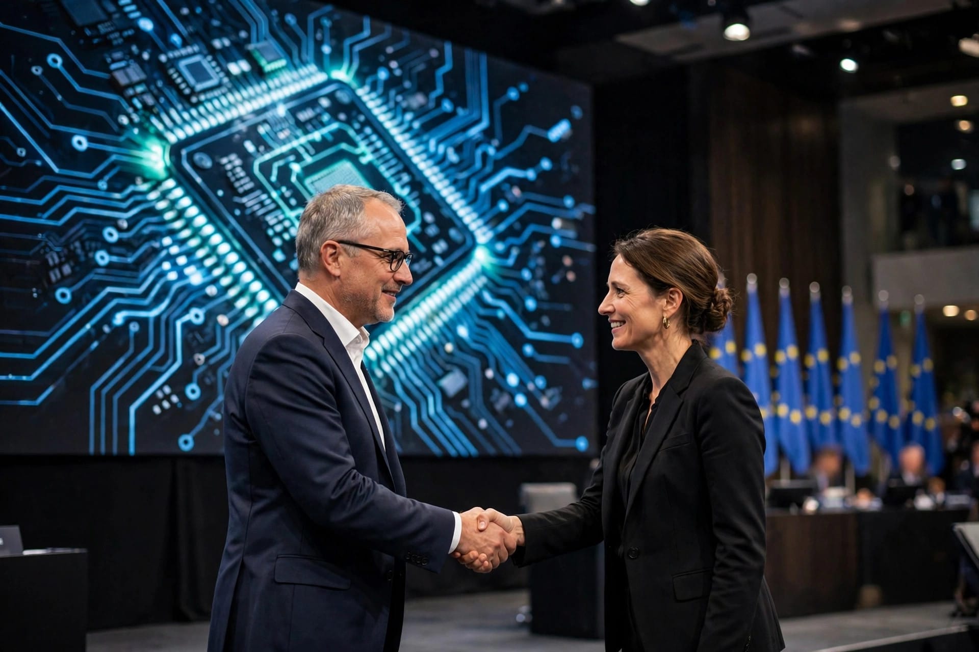 Two business leaders shaking hands on a Berlin summit stage before a screen of AI chip circuitry, as Merz and Huang announce the Germany-Nvidia partnership