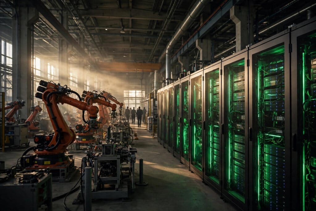 A German industrial factory floor with robotic arms and Nvidia GPU server racks, for the Germany-Nvidia industrial AI partnership