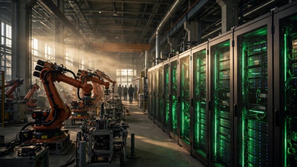 A German industrial factory floor with robotic arms and Nvidia GPU server racks, for the Germany-Nvidia industrial AI partnership