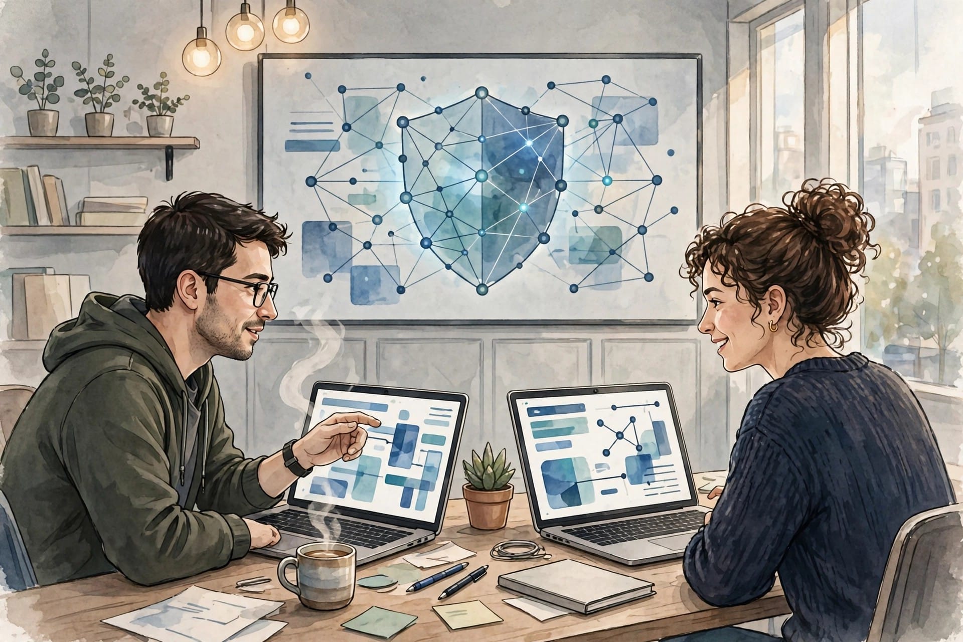 Two engineers reviewing laptops beneath an abstract shield diagram