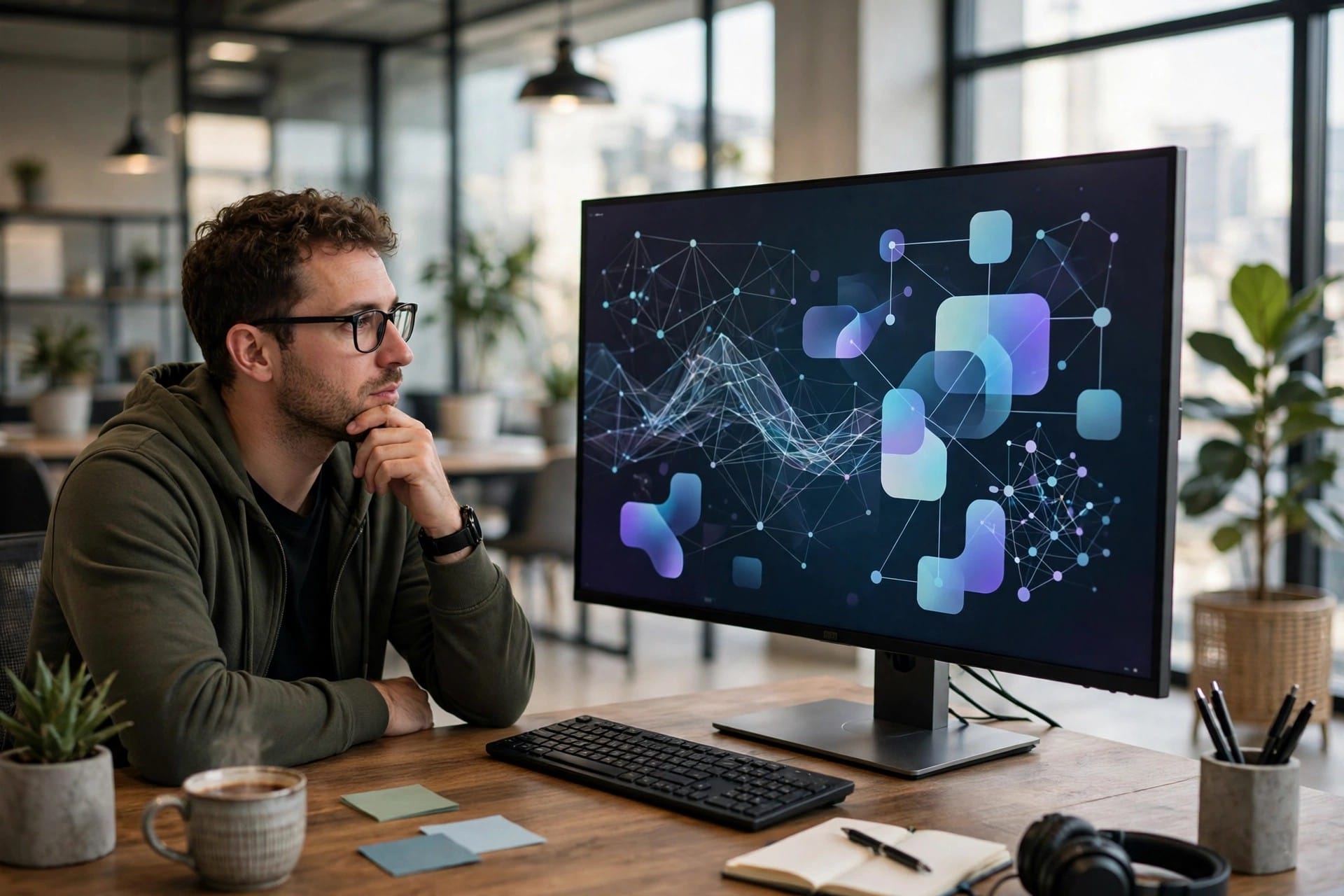 A developer reviewing abstract code shapes on a large monitor