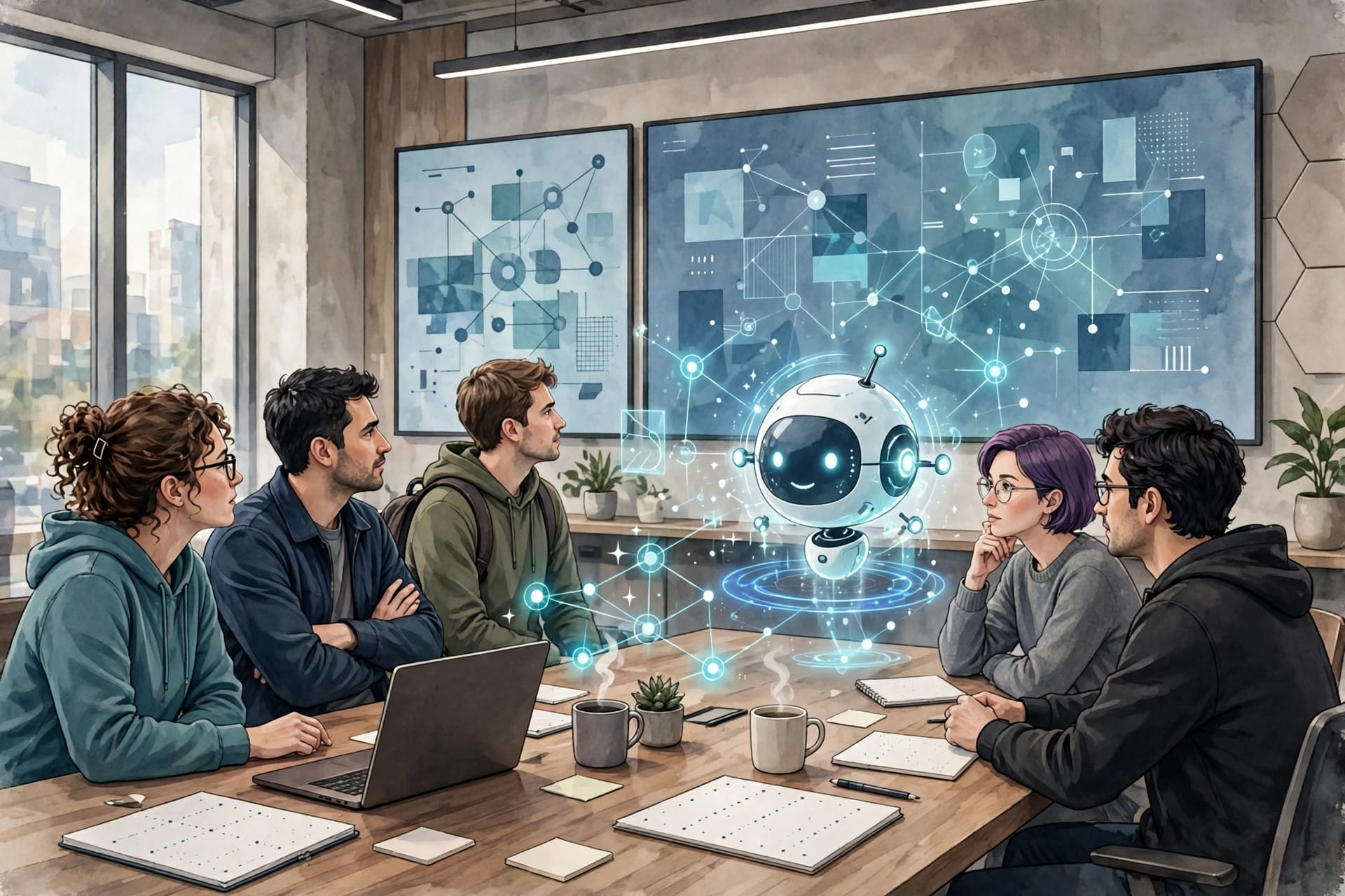 Software engineers reviewing code with an AI assistant on large screens, illustrating teams affected by GitHub Copilot default feature policy