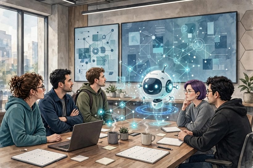 Software engineers reviewing code with an AI assistant on large screens, illustrating teams affected by GitHub Copilot default feature policy