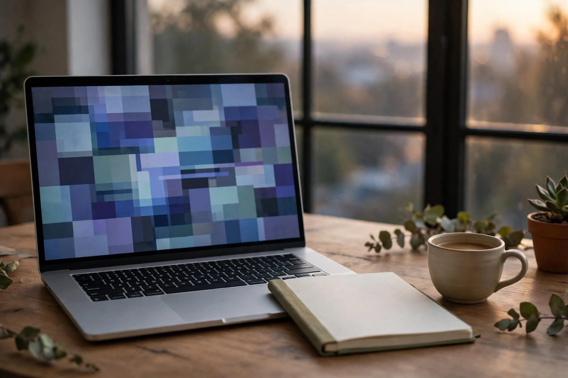 A developer workspace with a laptop showing abstract code patterns