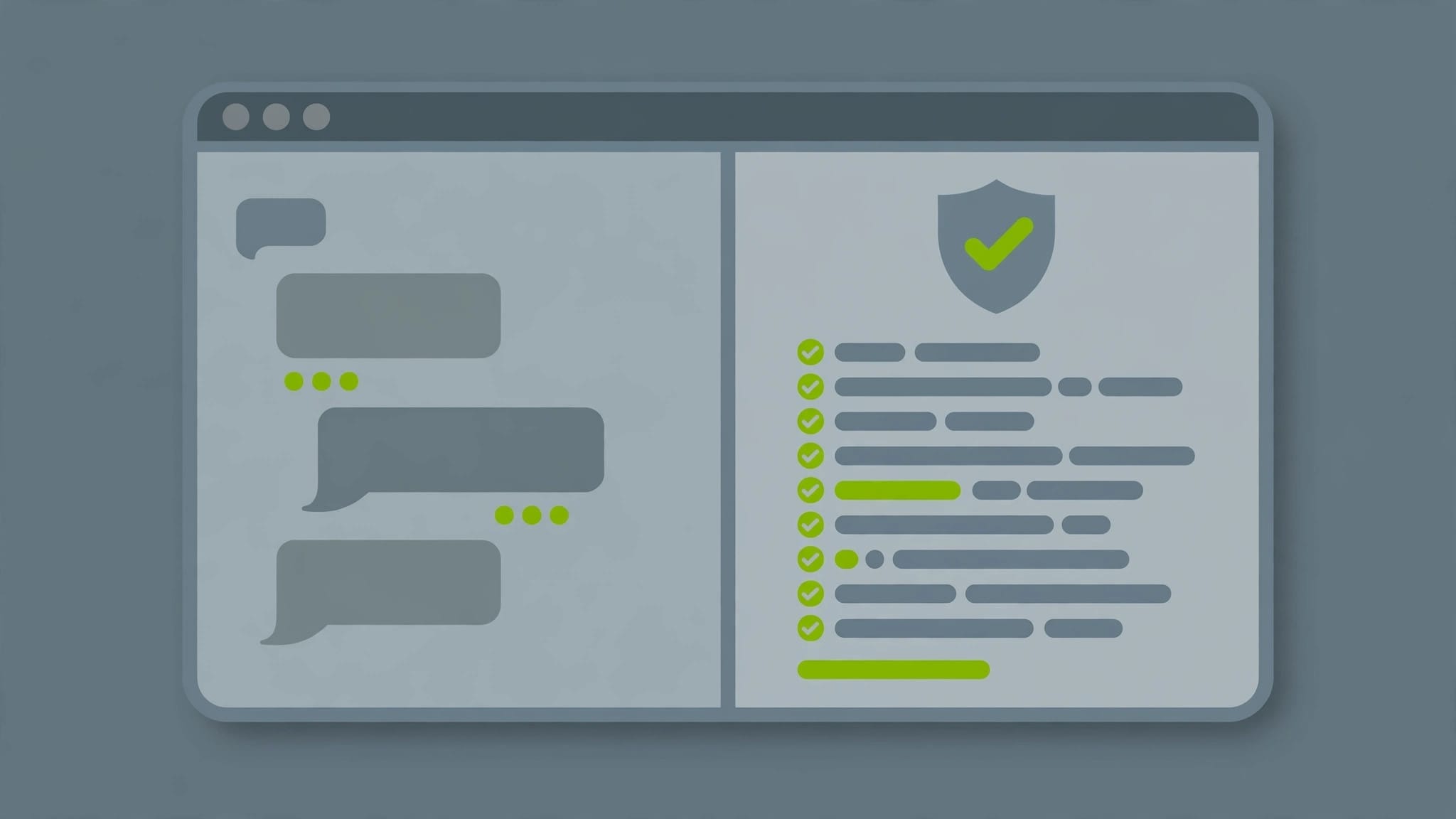 Illustration of a code editor split between a chat panel and a shield with a checkmark, representing GitHub Copilot chat and code review