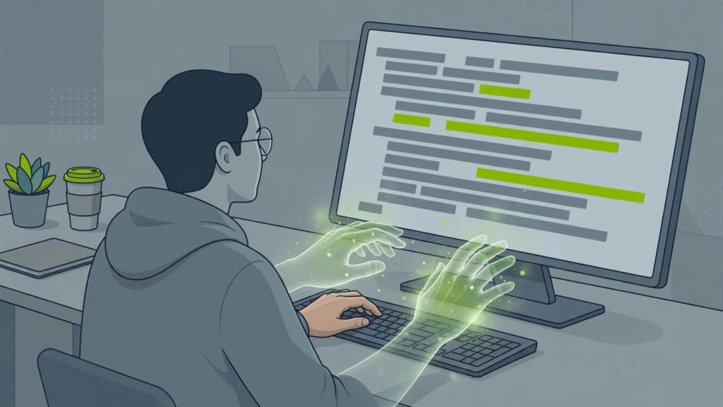 Illustration of a programmer at a monitor of abstract code lines while ghostly second hands from GitHub Copilot complete the code beside the keyboard