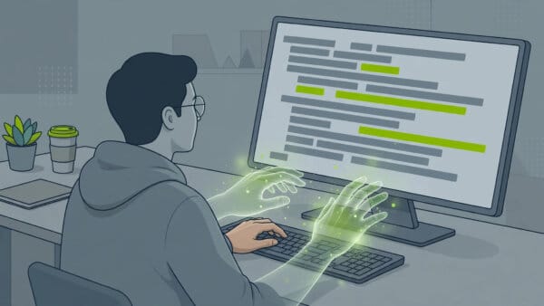 Illustration of a programmer at a monitor of abstract code lines while ghostly second hands from GitHub Copilot complete the code beside the keyboard