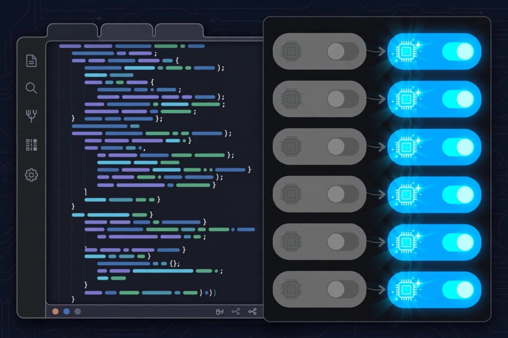 GitHub Copilot model picker with six old AI model chips switching off beside new brighter replacement models