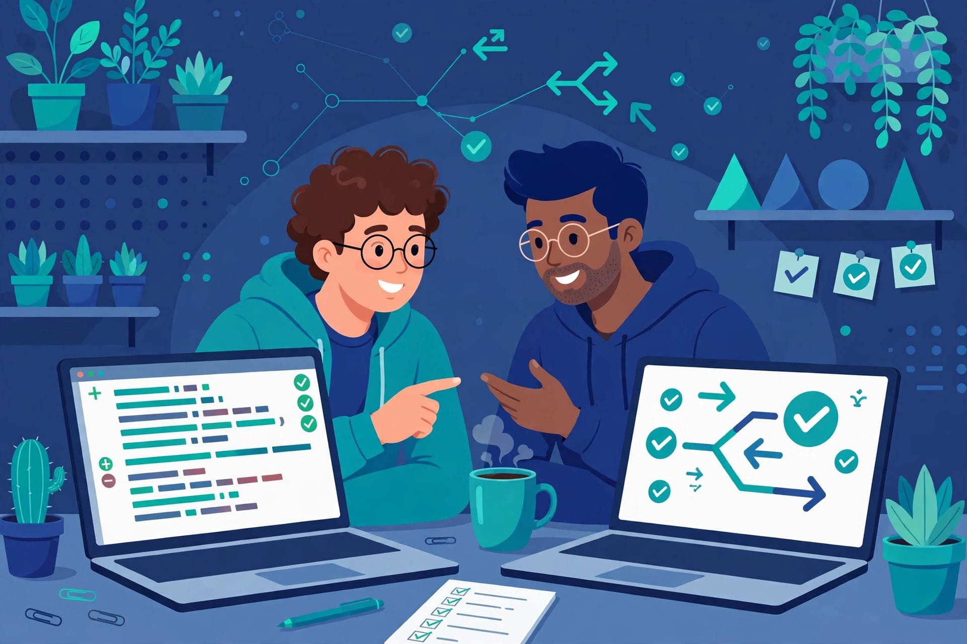 Developers reviewing a GitHub Copilot pull request fix raised from a Teams notification