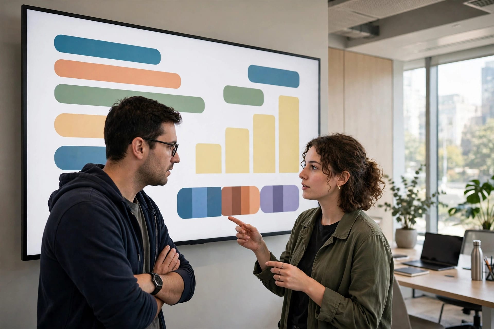 Two developers reviewing abstract usage charts on a large screen, illustrating Copilot usage reporting by client tool