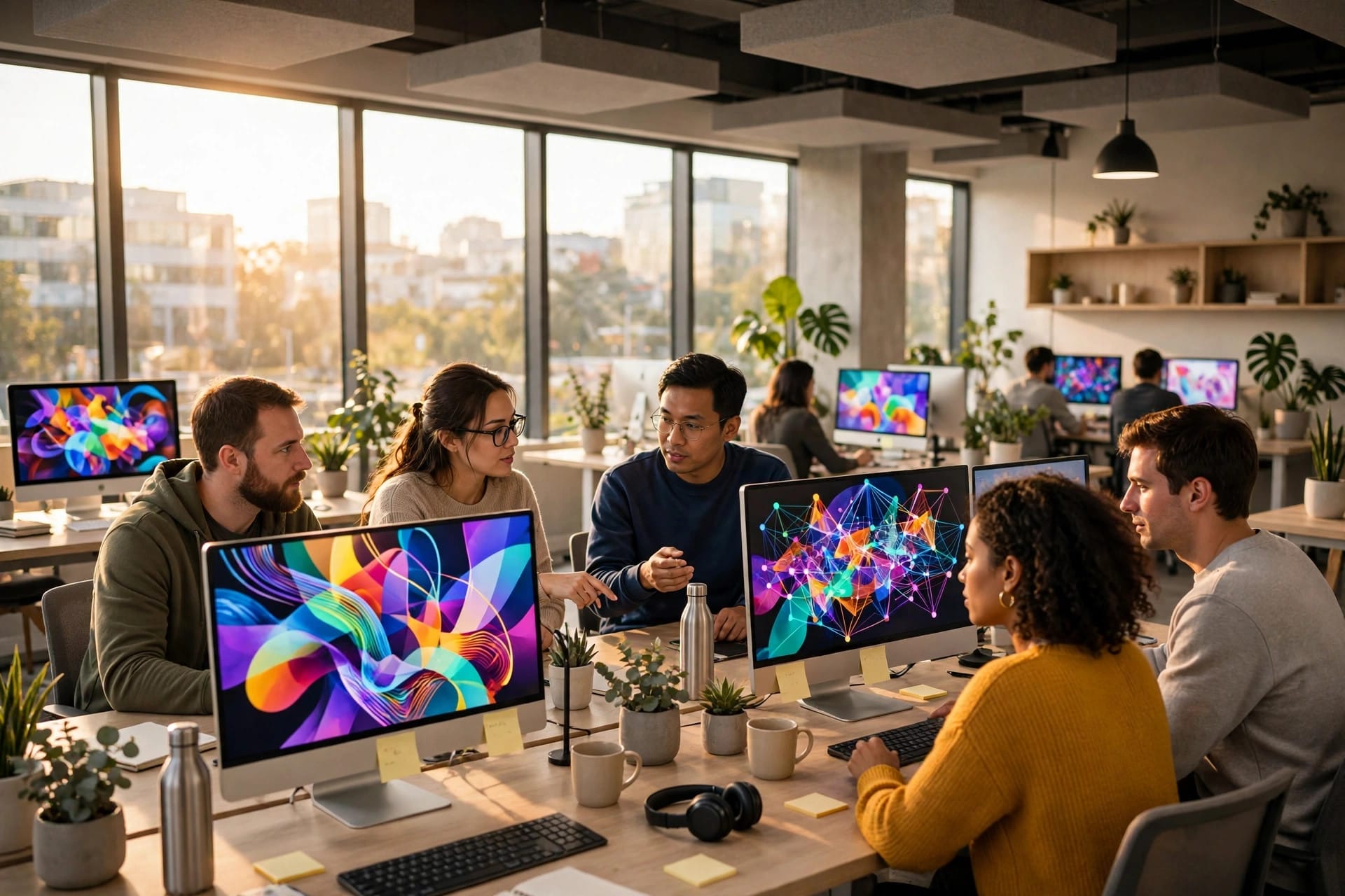 Developers collaborating at desks with colourful abstract screens in a bright office
