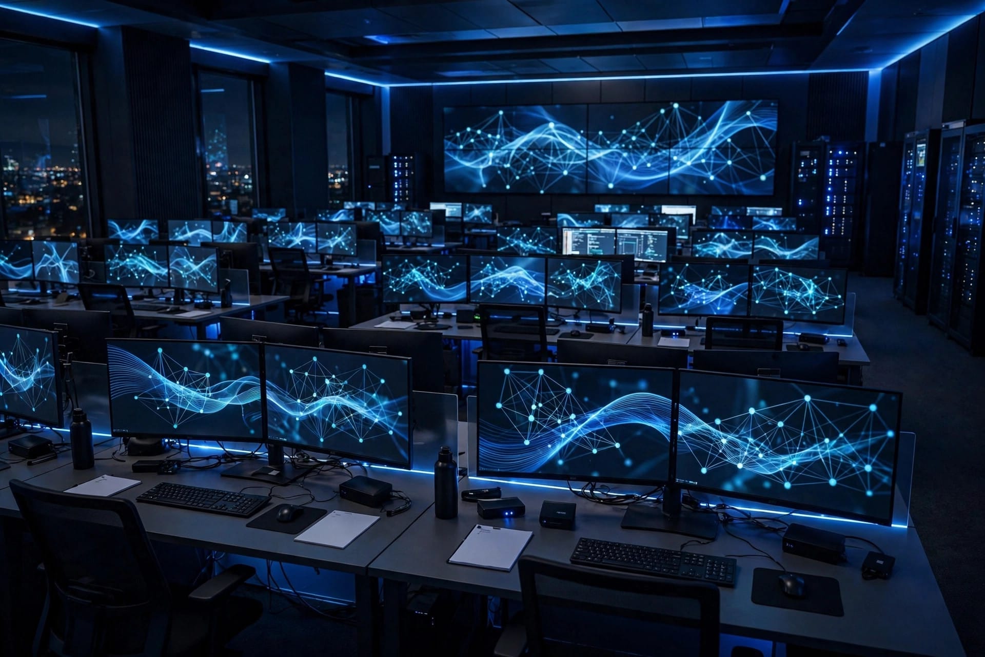 A security operations room with large monitors showing abstract network graphics