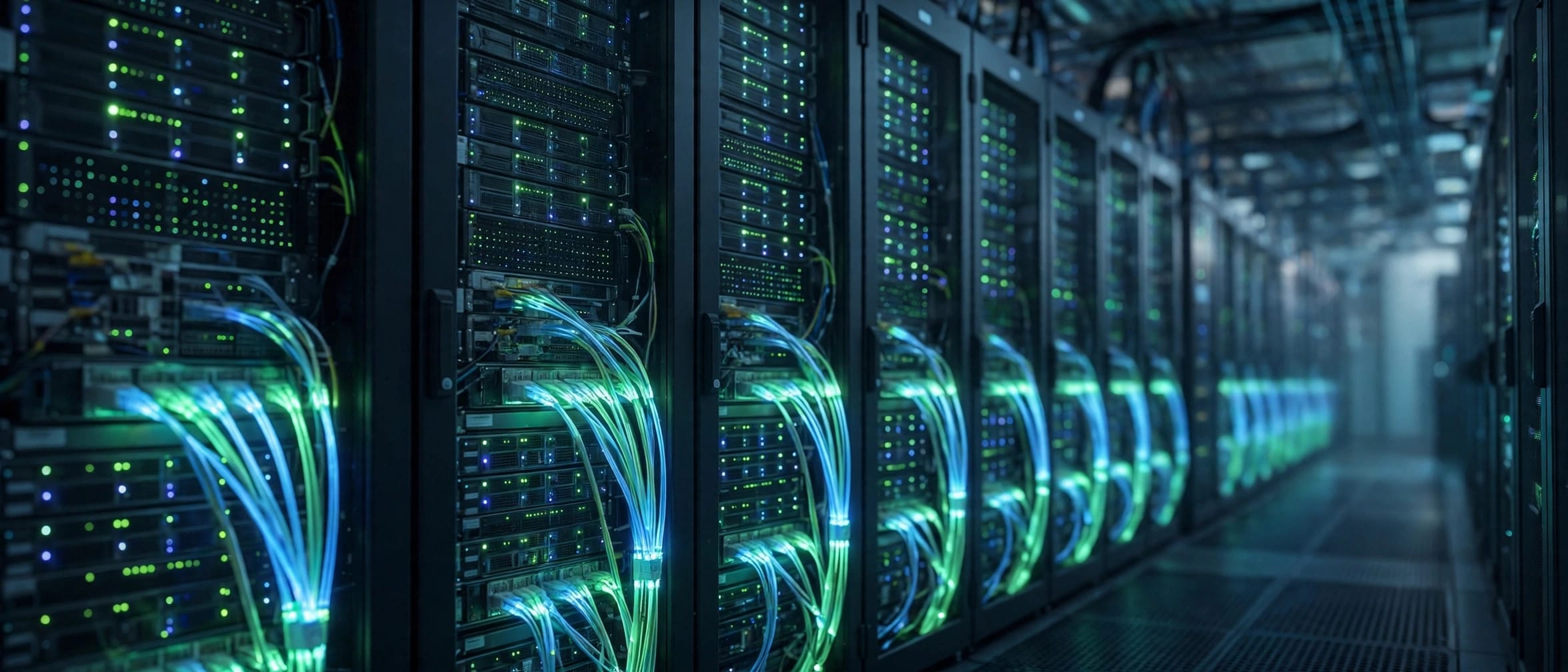 Server racks in a data centre with glowing network cables
