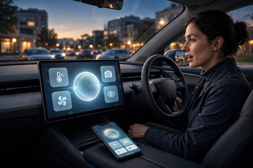 A driver speaking to the OnStar AI Assistant inside a car cabin, with the matching OnStar app on a phone