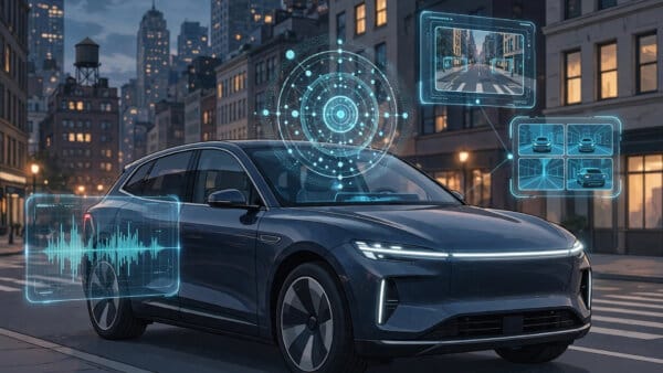 GM OnStar AI Assistant interface glowing above an electric SUV dashboard ahead of its Cadillac Lyriq debut