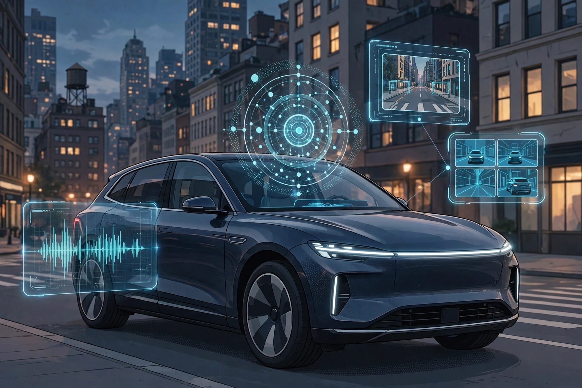 GM OnStar AI Assistant interface glowing above an electric SUV dashboard ahead of its Cadillac Lyriq debut