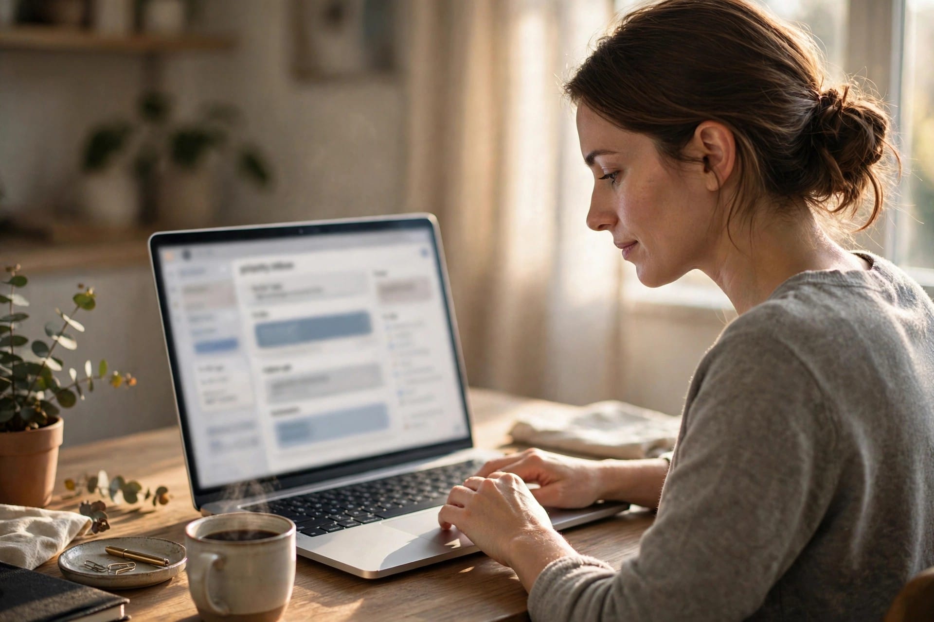 Woman reviewing a priority inbox with to-do cards on a laptop