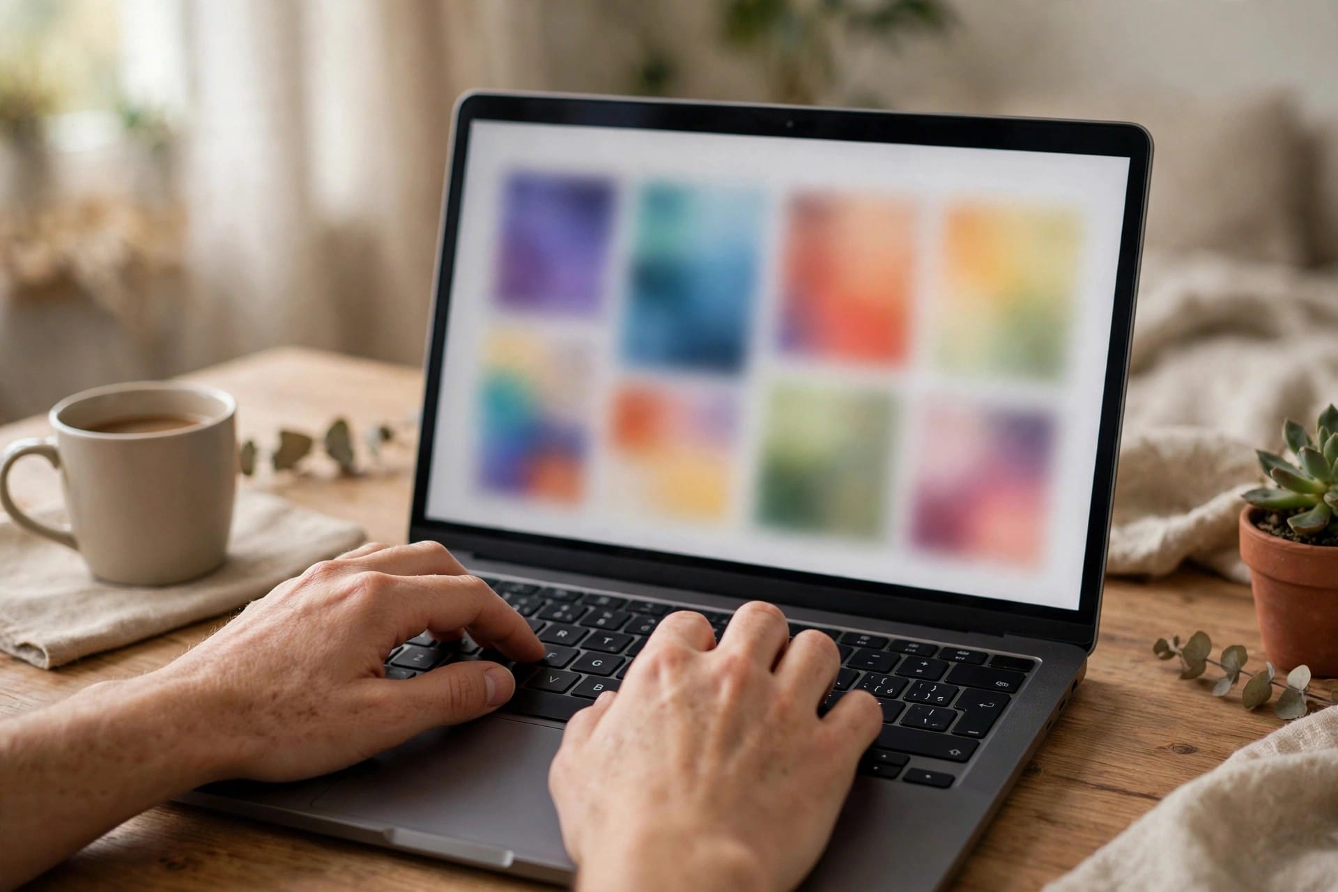 Hands typing an email on a laptop with colourful blurred panels on screen
