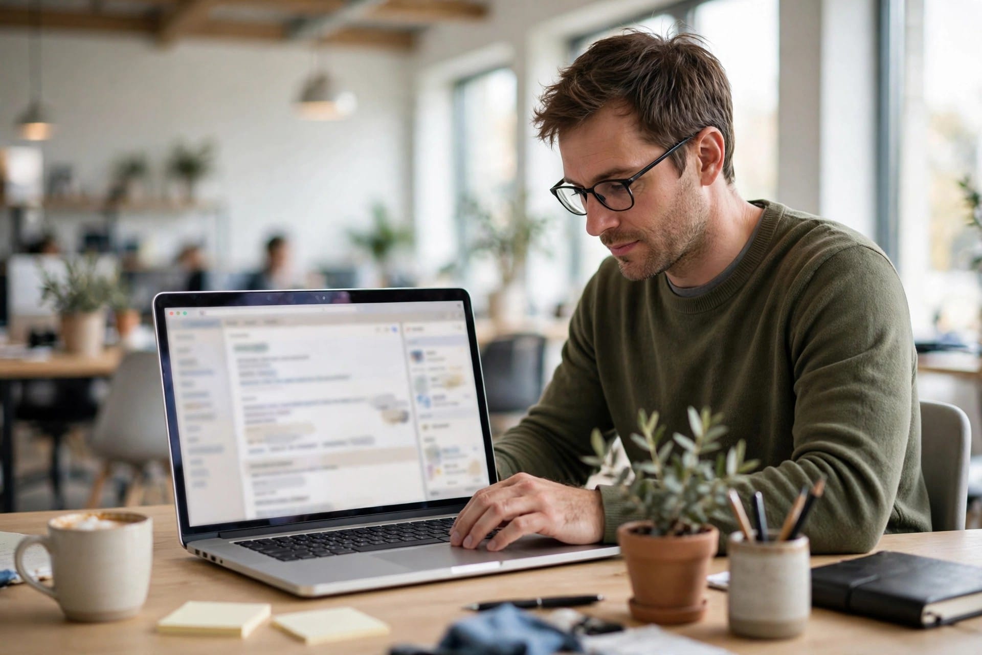Man drafting an email on a laptop in a bright office