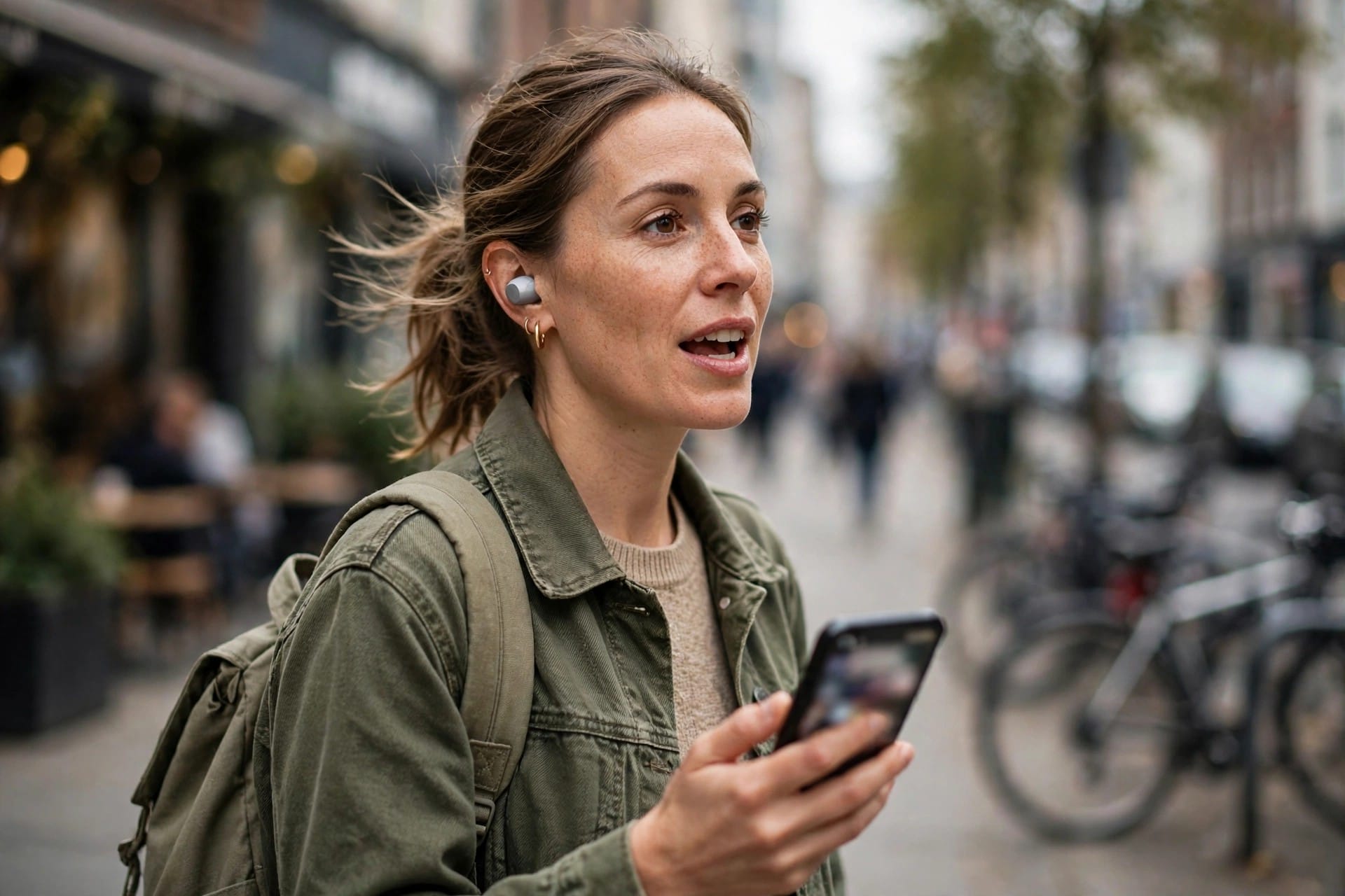 Woman with earbuds asking her phone about emails on a city street