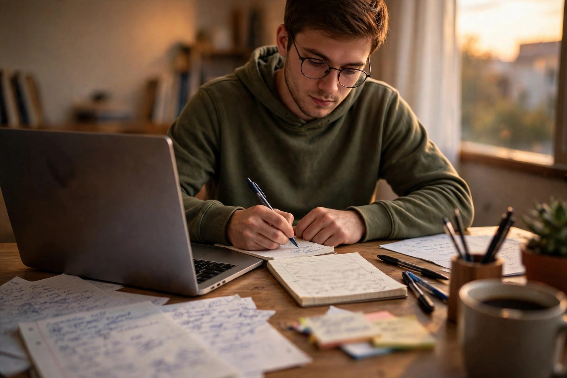 Student planning email prompts in notebooks beside a laptop