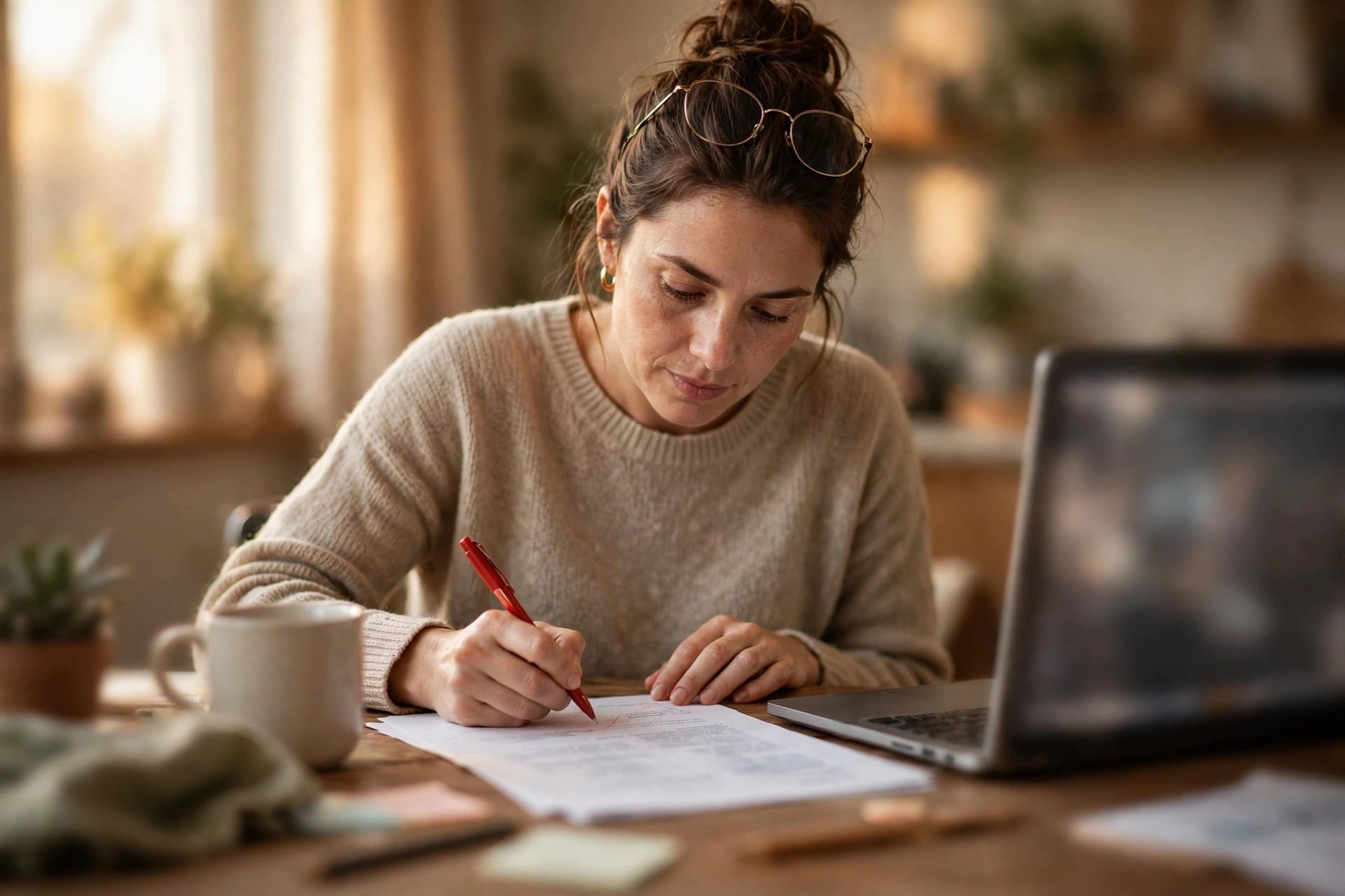 Woman proofreading a printed draft with a red pen beside a laptop