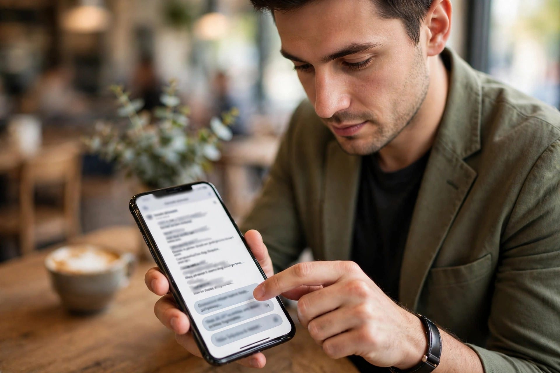 Man tapping a quick reply suggestion on a smartphone in a cafe