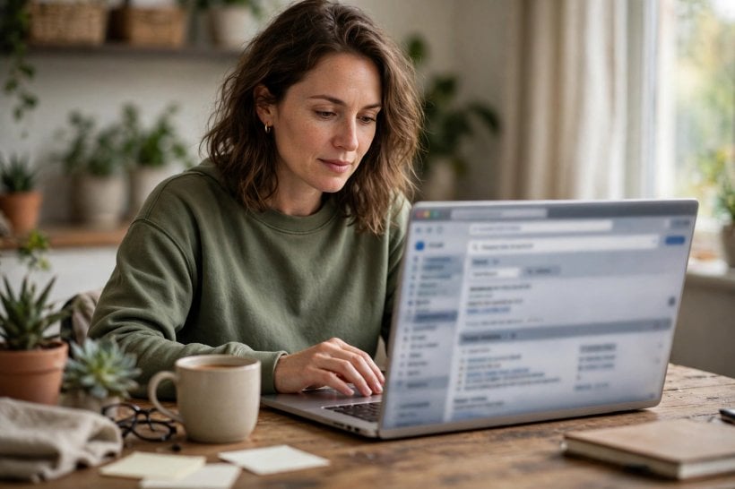 Woman searching an email inbox on a laptop in a home office