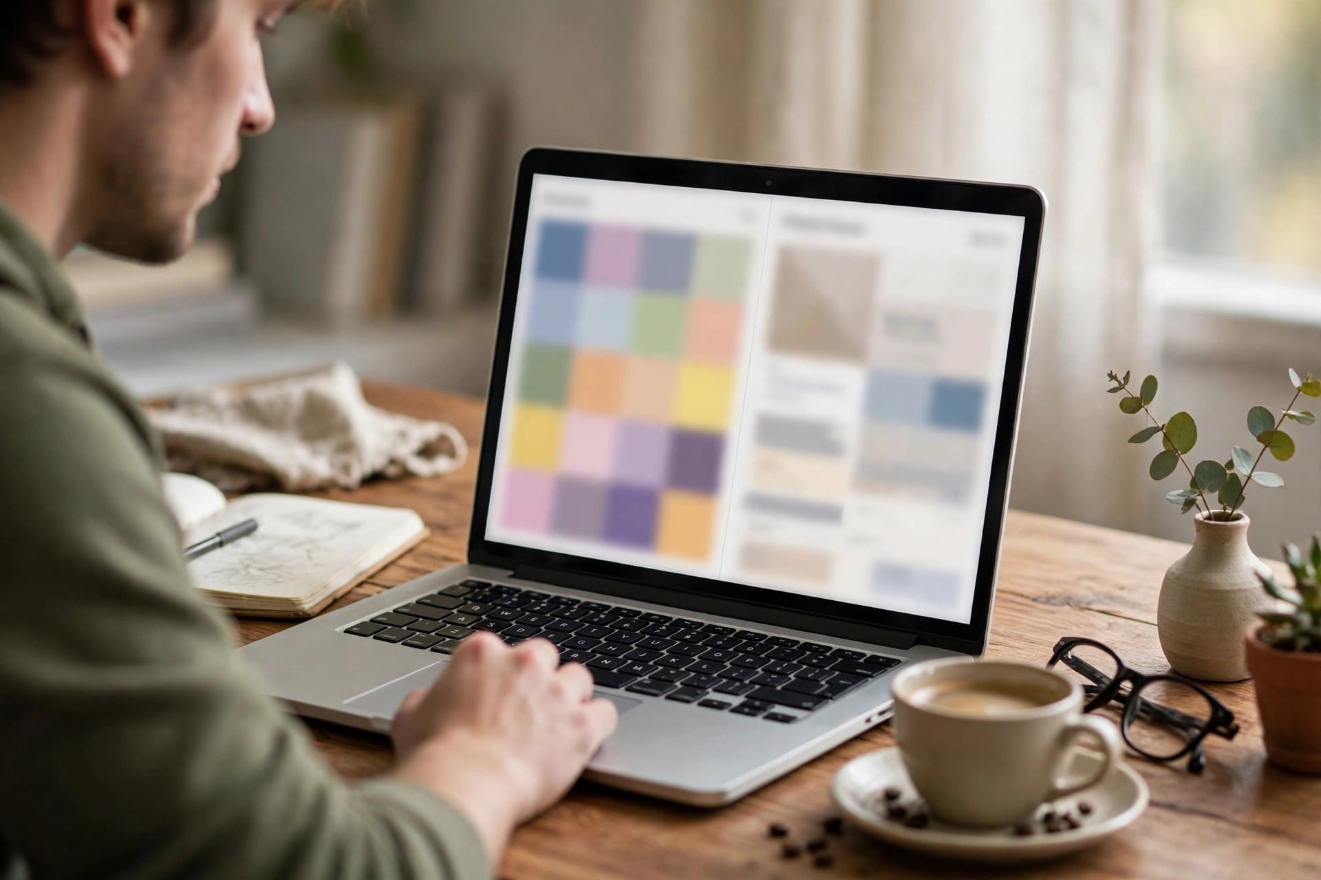 Man working with a colourful blurred spreadsheet beside an email window