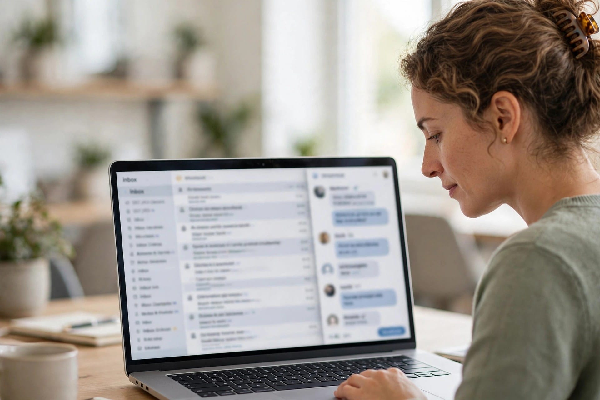 Woman reading email on a laptop with an abstract assistant side panel