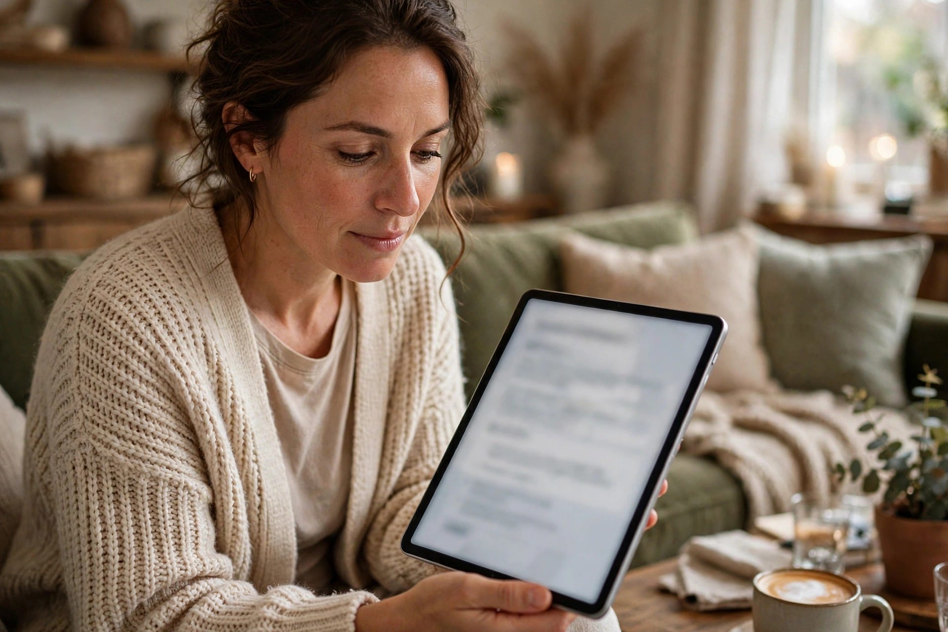 Woman reviewing a condensed email summary on a tablet at home