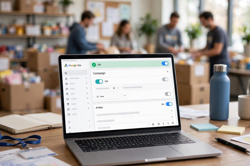 Google Ads AI Max toggle switched on in a nonprofit Ad Grants Search campaign settings screen