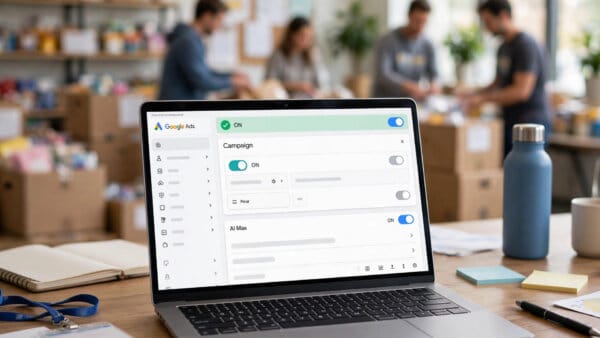 Google Ads AI Max toggle switched on in a nonprofit Ad Grants Search campaign settings screen