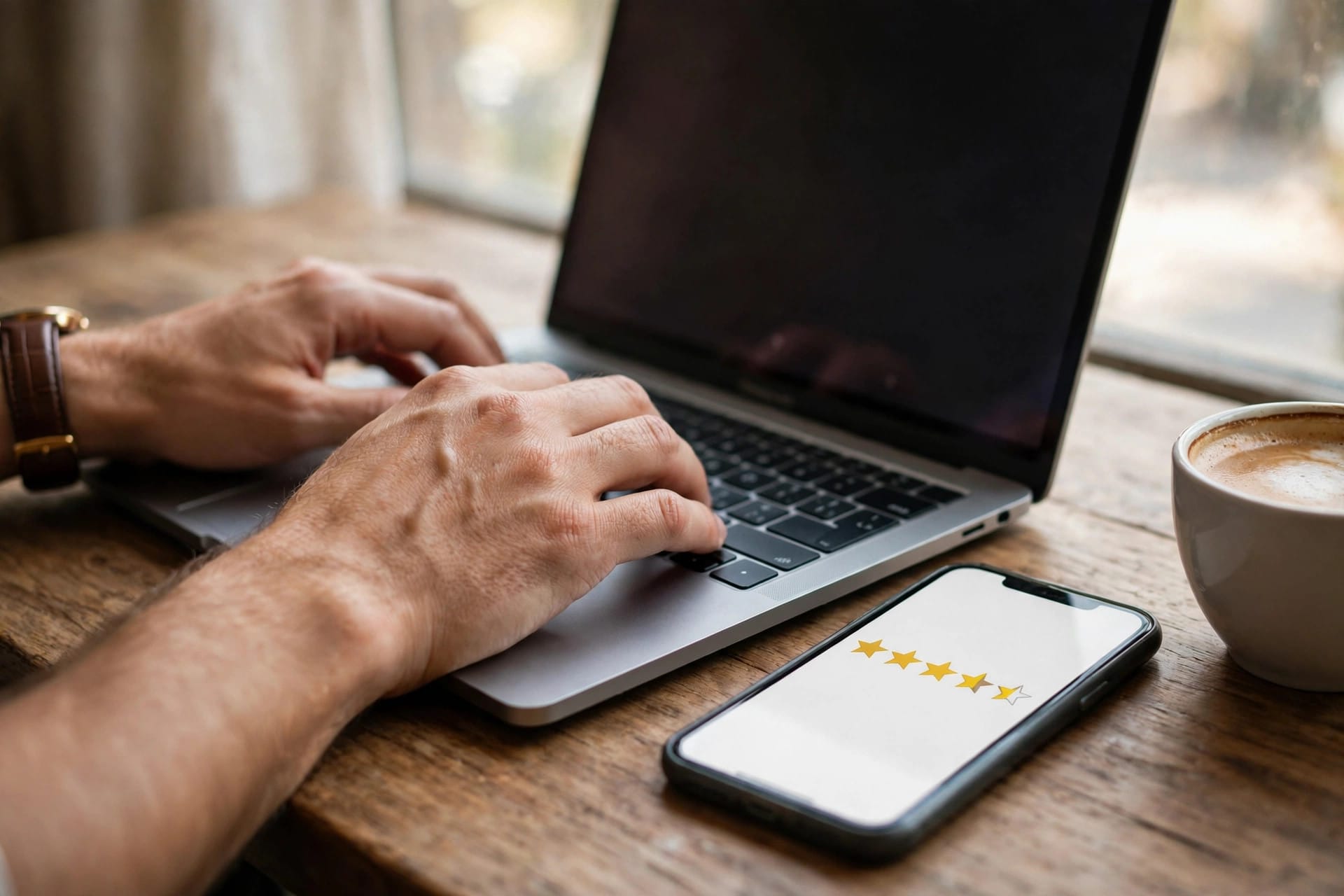 Hands typing on a laptop while a smartphone displays customer star ratings for review summaries