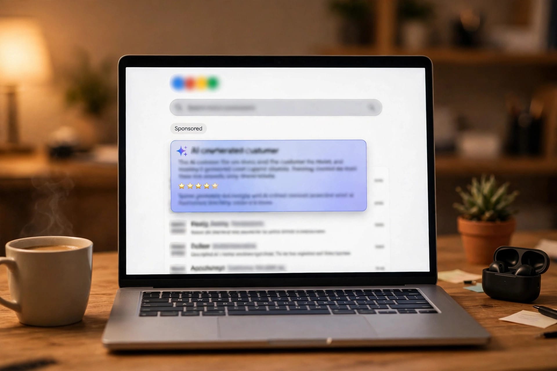 Laptop showing a sponsored Google Search ad with an AI-generated customer review summary card and star ratings
