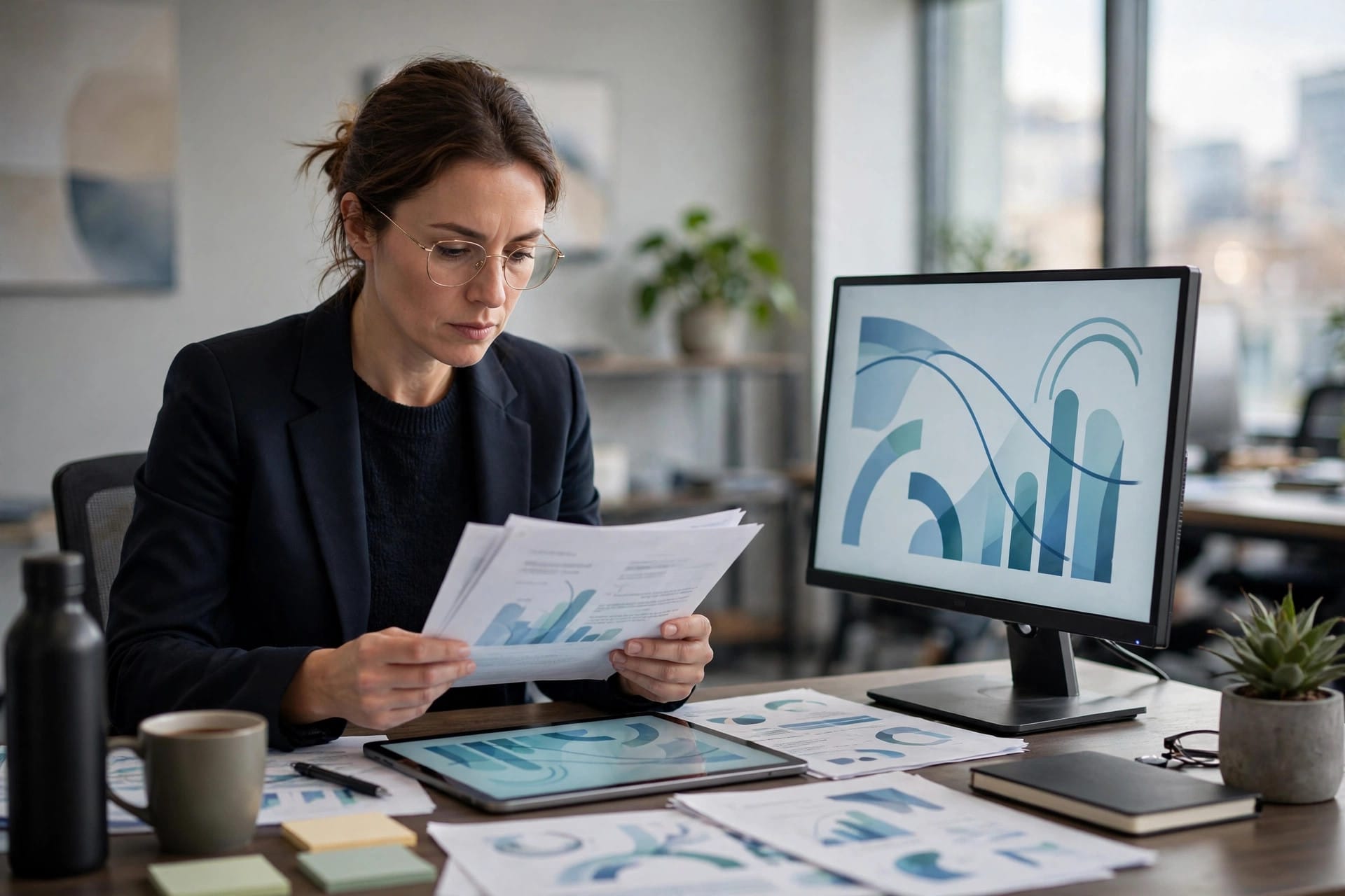 Marketing manager reviewing Google Ads policy documents and a tablet at her desk