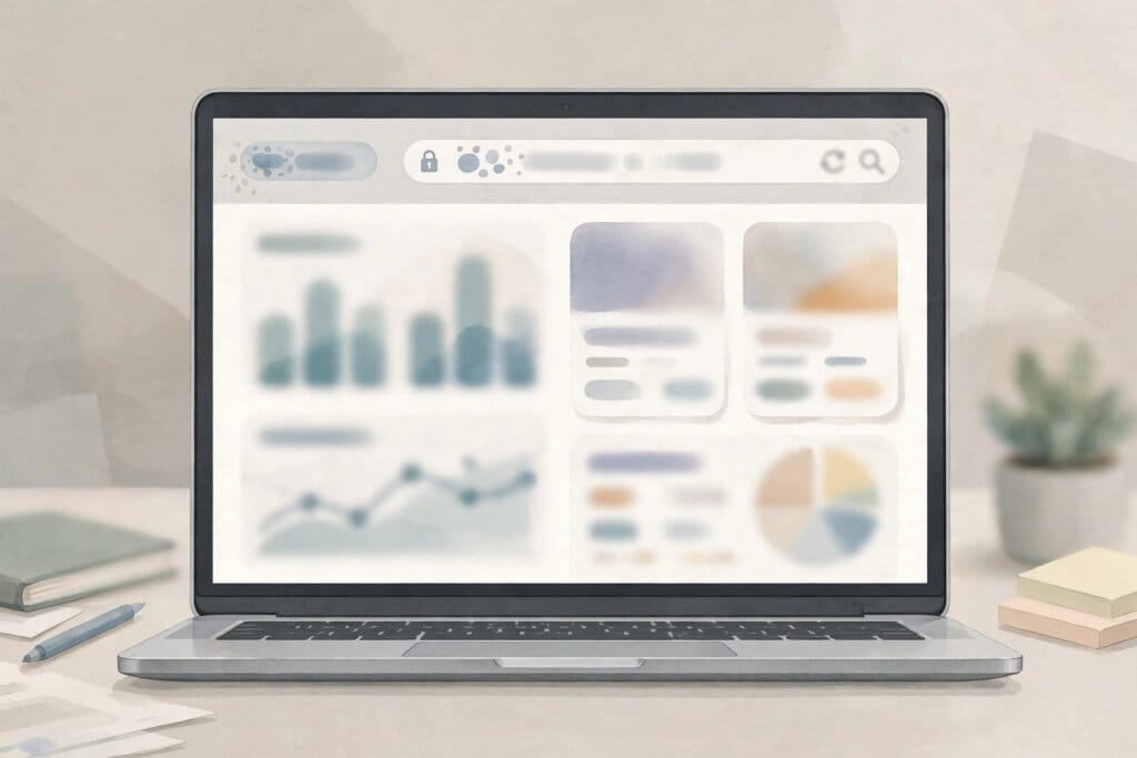 Google Ads dashboard on a laptop showing a business name label beside an ad destination domain
