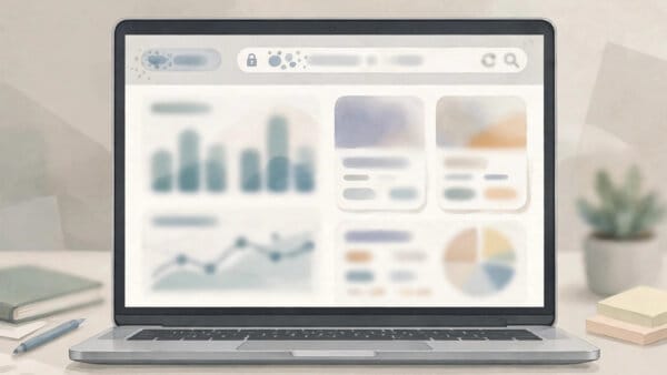 Google Ads dashboard on a laptop showing a business name label beside an ad destination domain