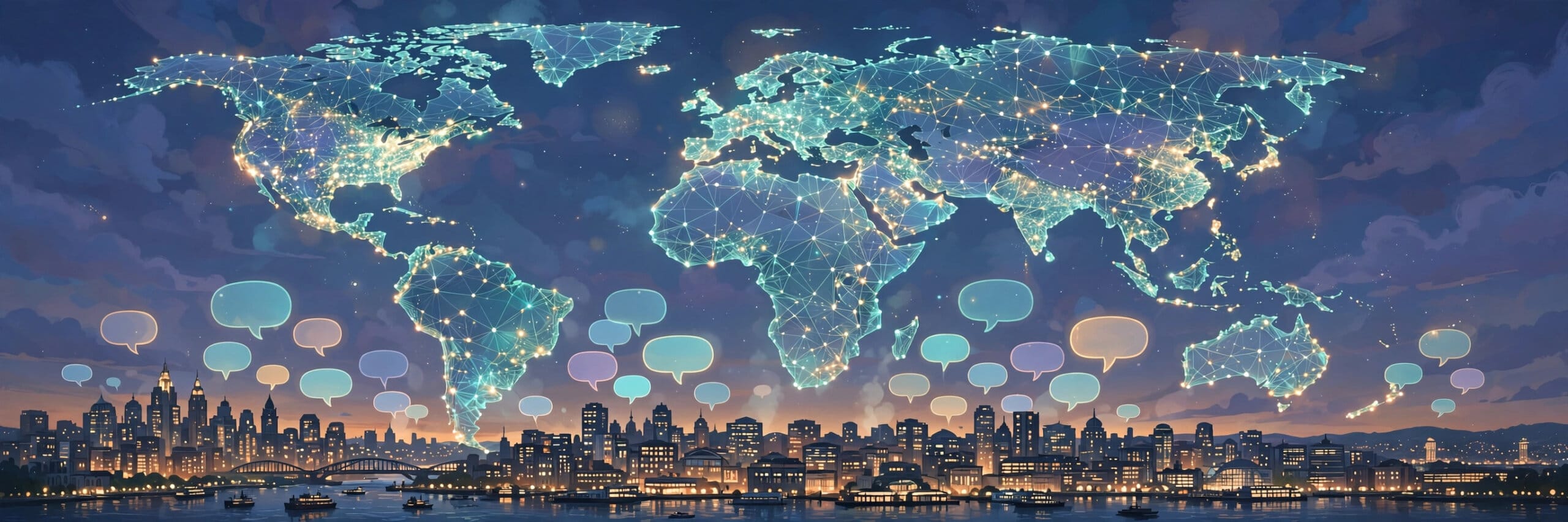 Glowing world map with speech bubbles above a city skyline at dusk