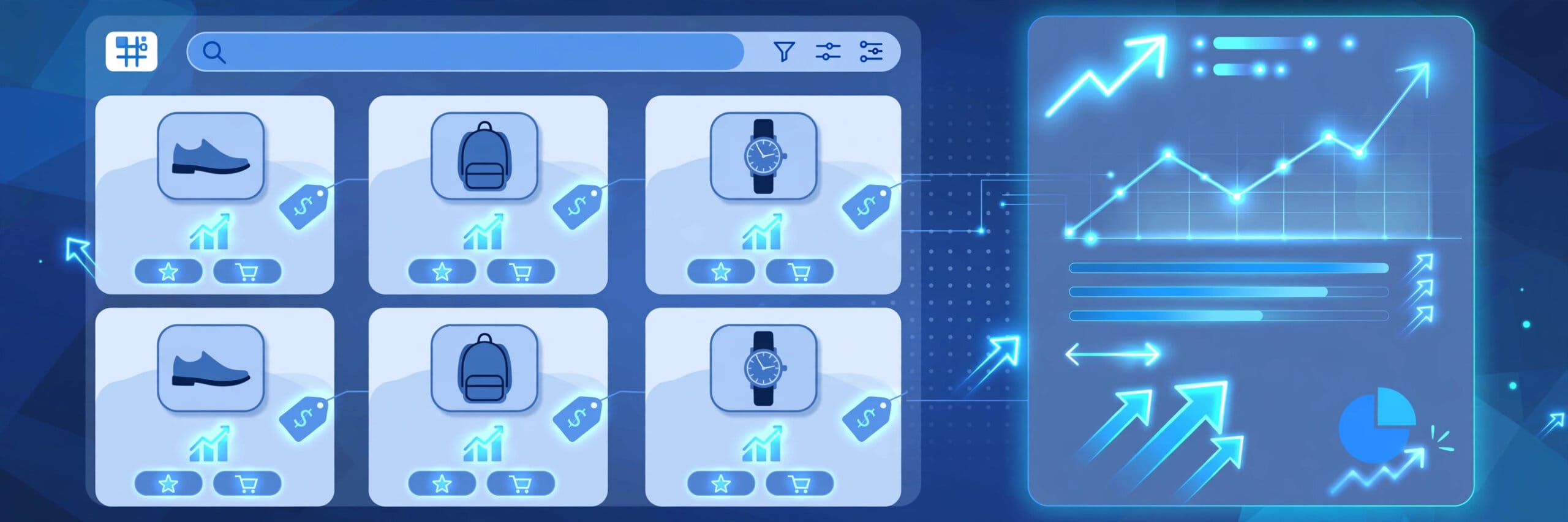 Shopping campaign product cards with rising conversion graphs inside a search advertising interface